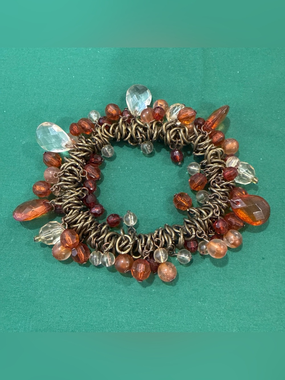 Chunky Stretch Bracelet Dense Cluster Wire Links & Amber Toned Dangling Beads27F